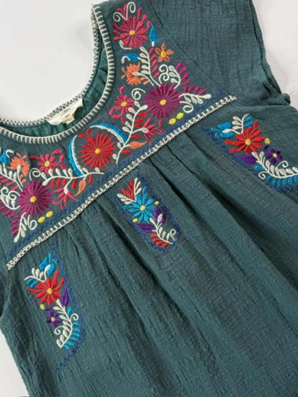 Boho Embroidered Entro Midi Dress Cap Sleeves Size Medium Teal